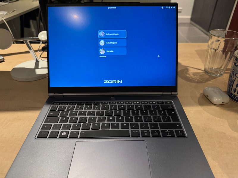 Tuxedo laptop showing Zorin login screen